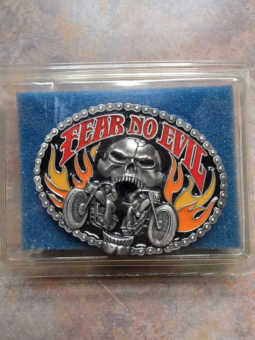 Fear No Evil Skull & Motorcycle Belt Buckle - Black, Red, Orange